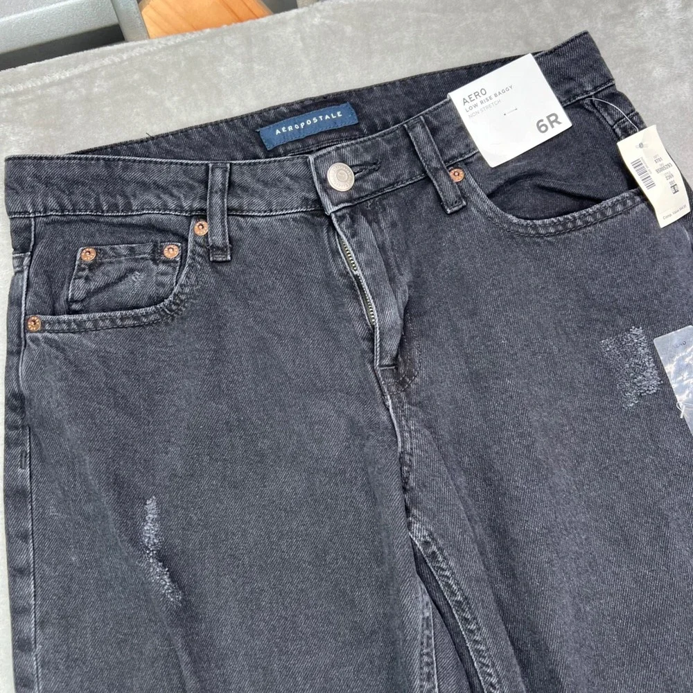 Aeropostale Low Rise Baggy Jeans Women 6R Black Distressed Ripped Denim Wide Leg